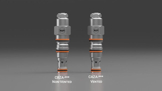 Sun Hydraulics CAZA and CBZA Counterbalance Valves placed next to each other on a gray background