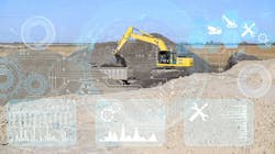 Excavator digging in dirt with digital technology graphical icons overlayed on it Excavator digging in dirt with digital technology graphical icons overlayed on it