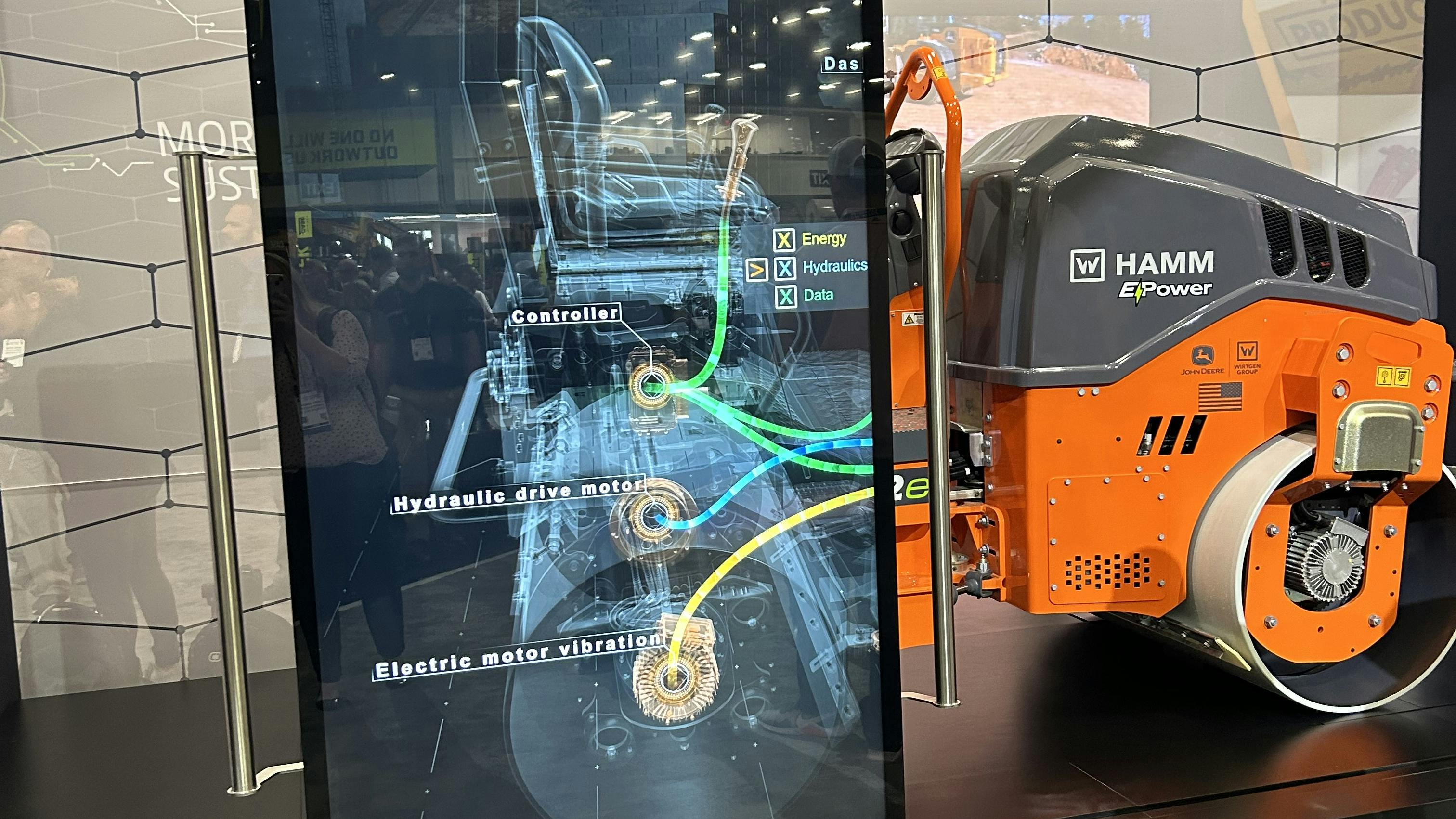 Display at CONEXPO showing technology in an electric-powered roller
