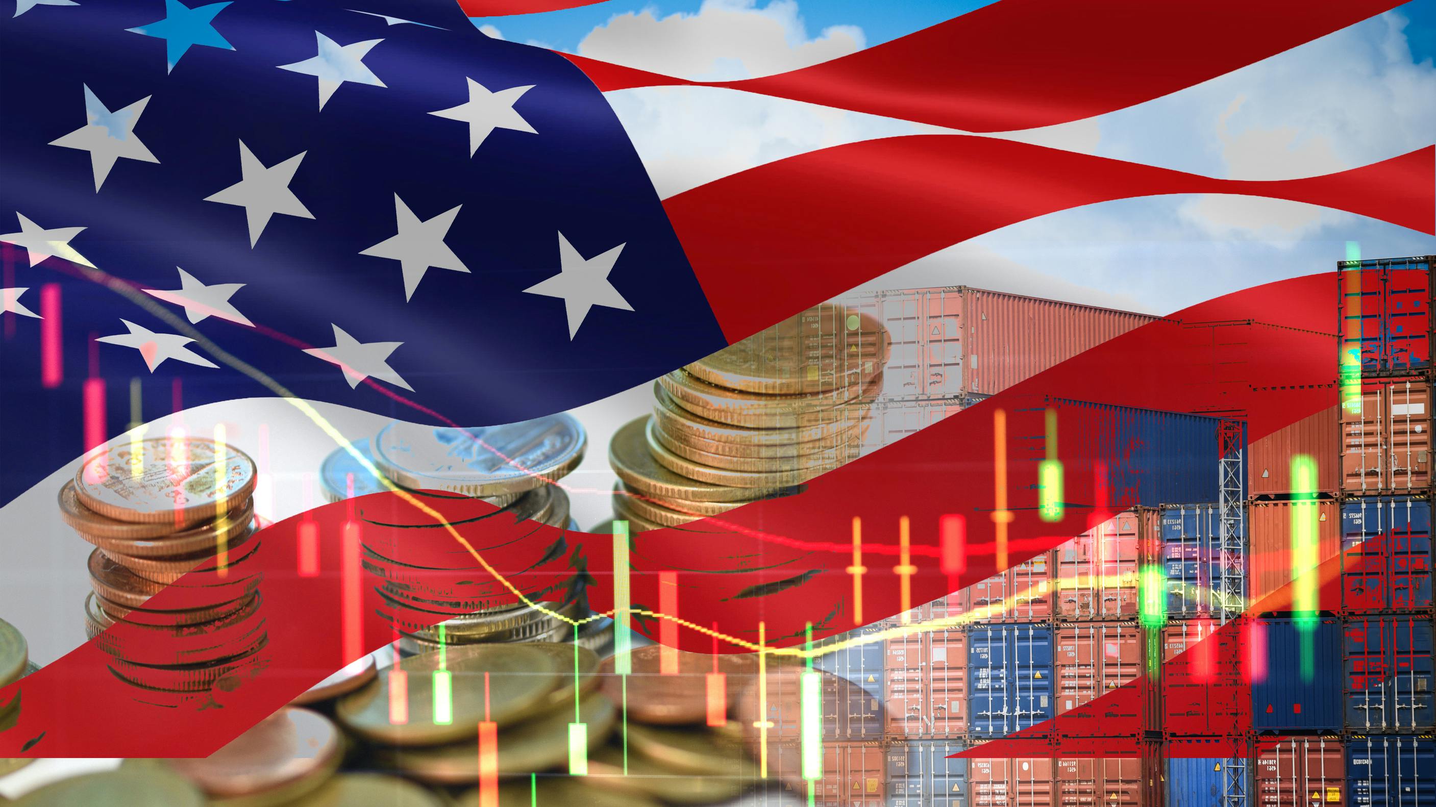 Concept image of American flag, shipping containers and coins to indicate tariffs