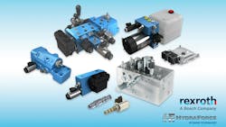 Several compact hydraulics products from HydraForce and Bosch Rexroth on a blue background Several compact hydraulics products from HydraForce and Bosch Rexroth on a blue background