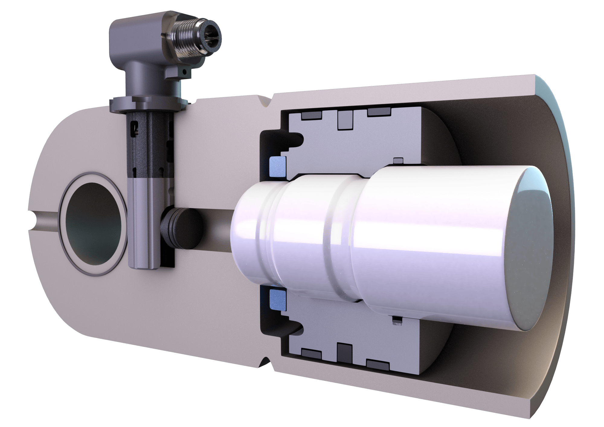 Cross section view of Leggett & Platt Integrated Radar Measurement (IRM) Sensor installed on a hydraulic cylinder