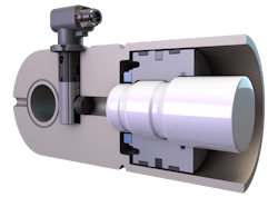 Cross section view of Leggett & Platt Integrated Radar Measurement (IRM) Sensor installed on a hydraulic cylinder Cross section view of Leggett & Platt Integrated Radar Measurement (IRM) Sensor installed on a hydraulic cylinder