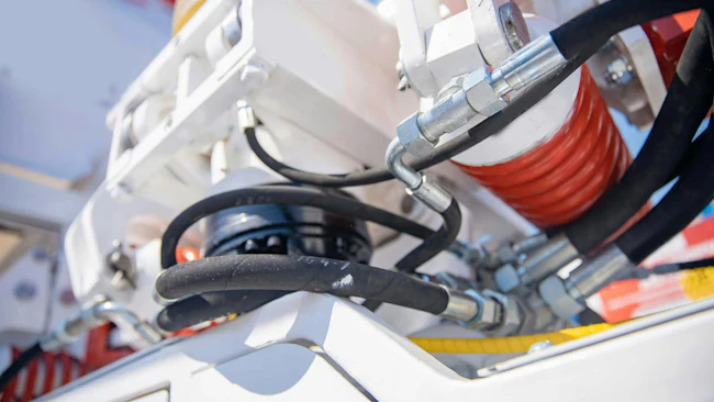 Close up view of Hydraulic Hoses and Other Components on a Machine