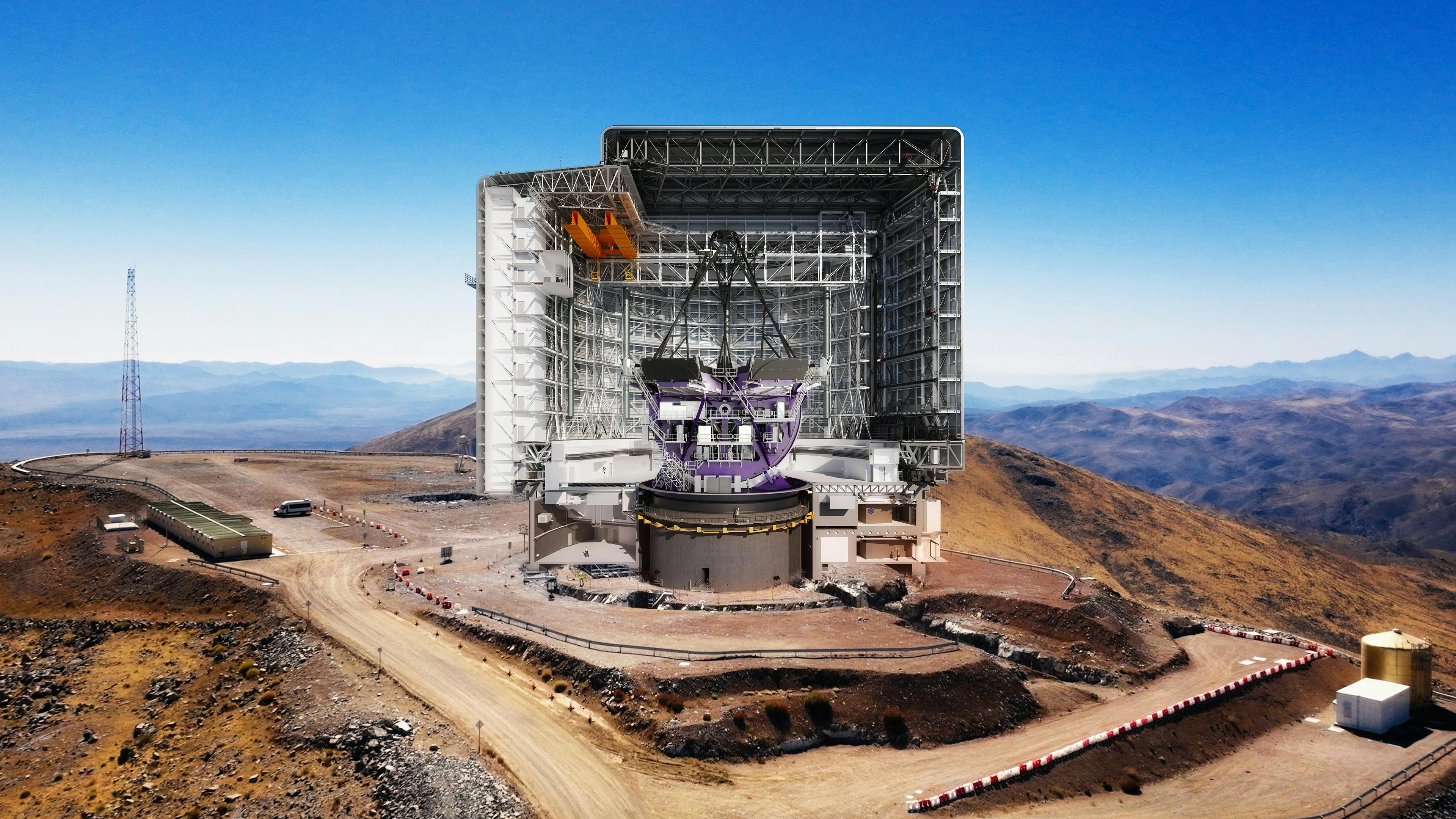 A rendering of the Giant Magellan Telescope enclosure and mount at Las Campanas Observatory in Chile
