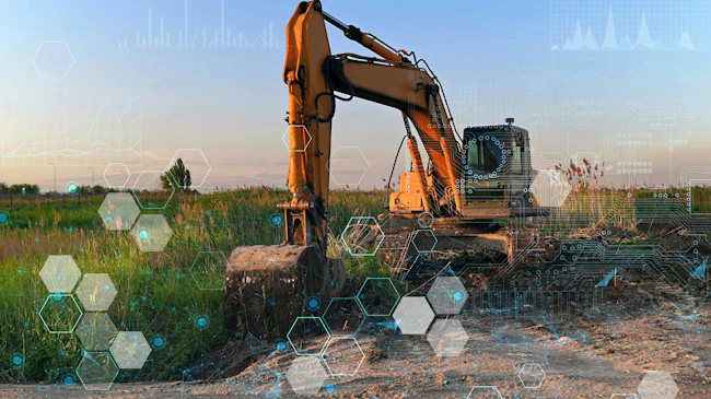 Orange excavator with graphics to depict automation and AI