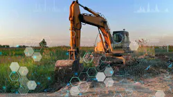 Orange excavator with graphics to depict automation and AI Orange excavator with graphics to depict automation and AI
