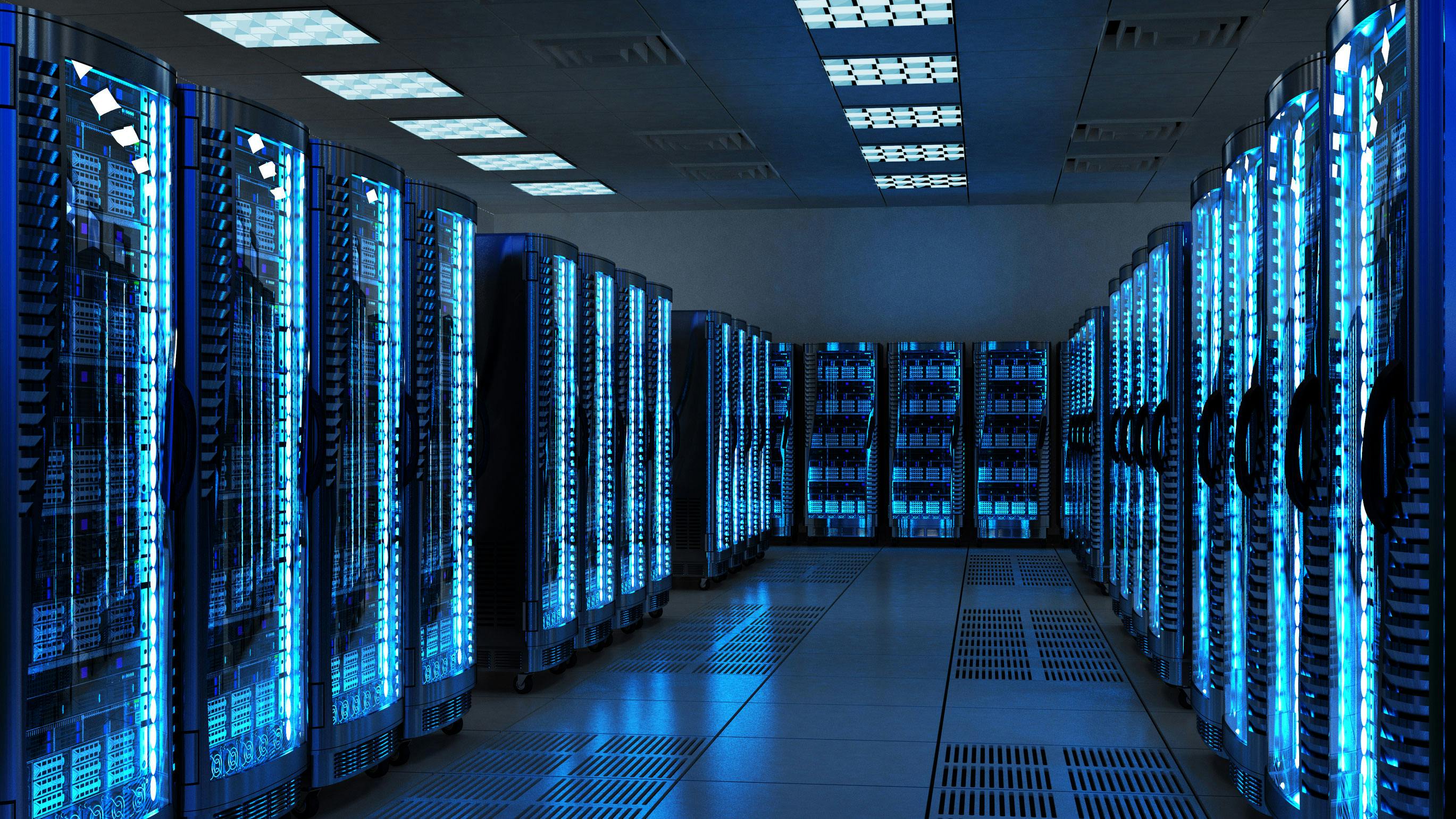 Rows of server racks in a data center