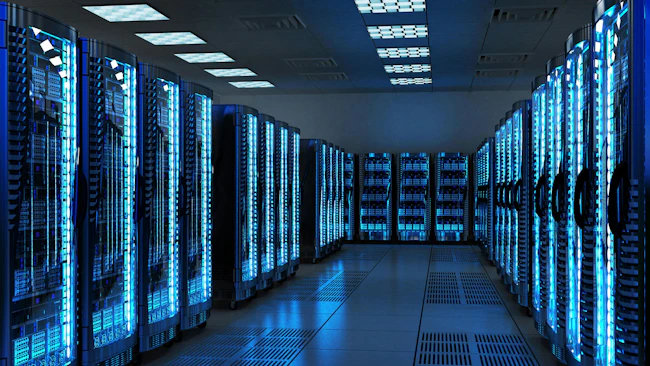 Rows of server racks in a data center