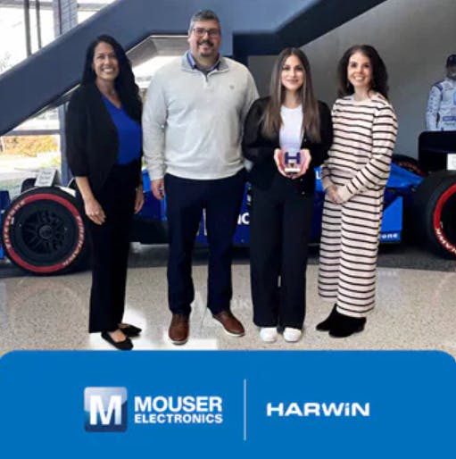 Harwin's Anthony Bruggeman presents Mouser's Kristina Cole, Joanna Kruse, and Krystal Jackson with the Americas Distributor of the Year Award