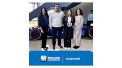 Harwin's Anthony Bruggeman presents Mouser's Kristina Cole, Joanna Kruse, and Krystal Jackson with the Americas Distributor of the Year Award
