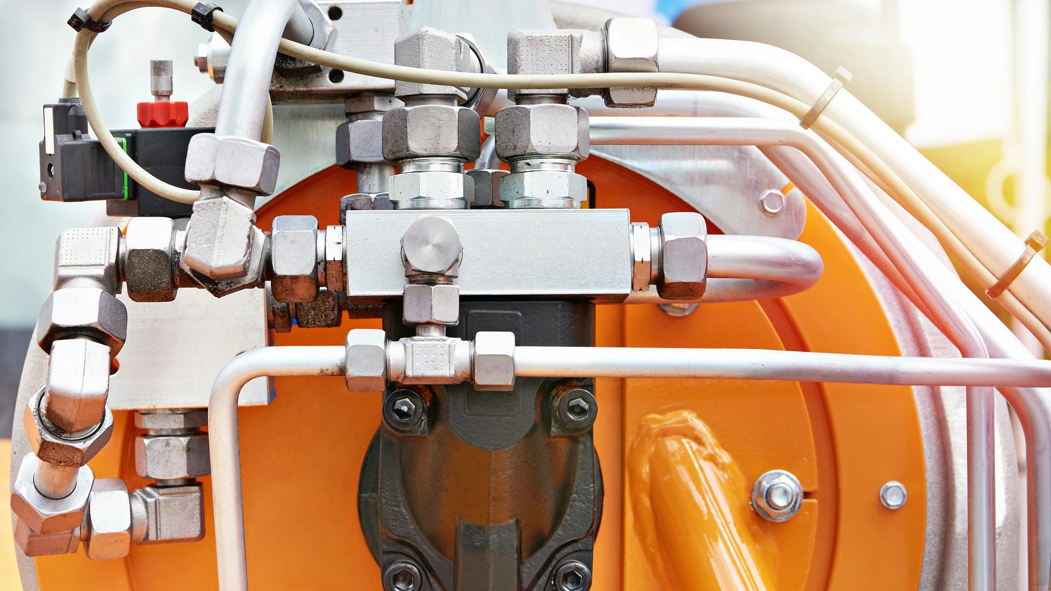 Close up on Hydraulic Manifold with Pipes and Valves