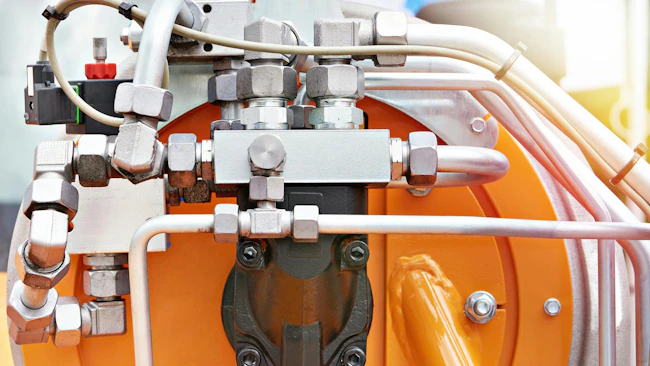 Close up on Hydraulic Manifold with Pipes and Valves