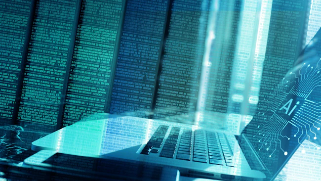 Rows of code and AI on a laptop to show Concept of artificial intelligence