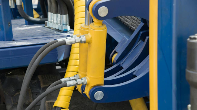 Close up on hydraulic cylinders, hoses and other components on a machine