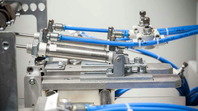Close up on pneumatic components on a machine