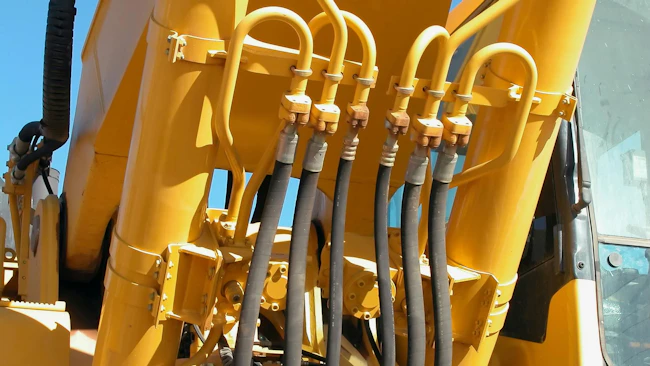 Close up on hydraulic hoses on a yellow machine