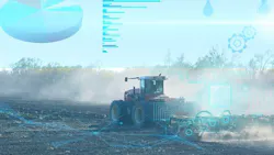 Tractor in field with icons super imposed over it to demonstrate smart sensors and data collection