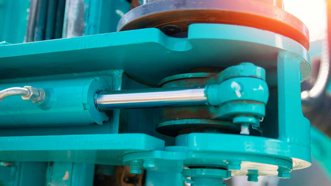 Close up on a hydraulic cylinder on a blue machine