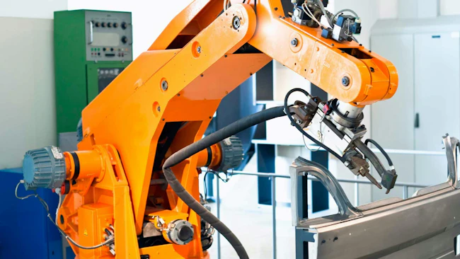 Orange robot working on a production line