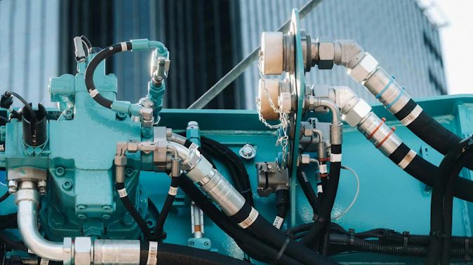Close up on hydraulic hoses on a blue colored machine