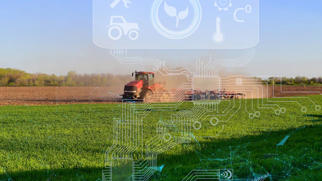 Tractor working in farm field with graphics overlaid to illustrate concept of digital technologies