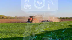 Tractor working in farm field with graphics overlaid to illustrate concept of digital technologies