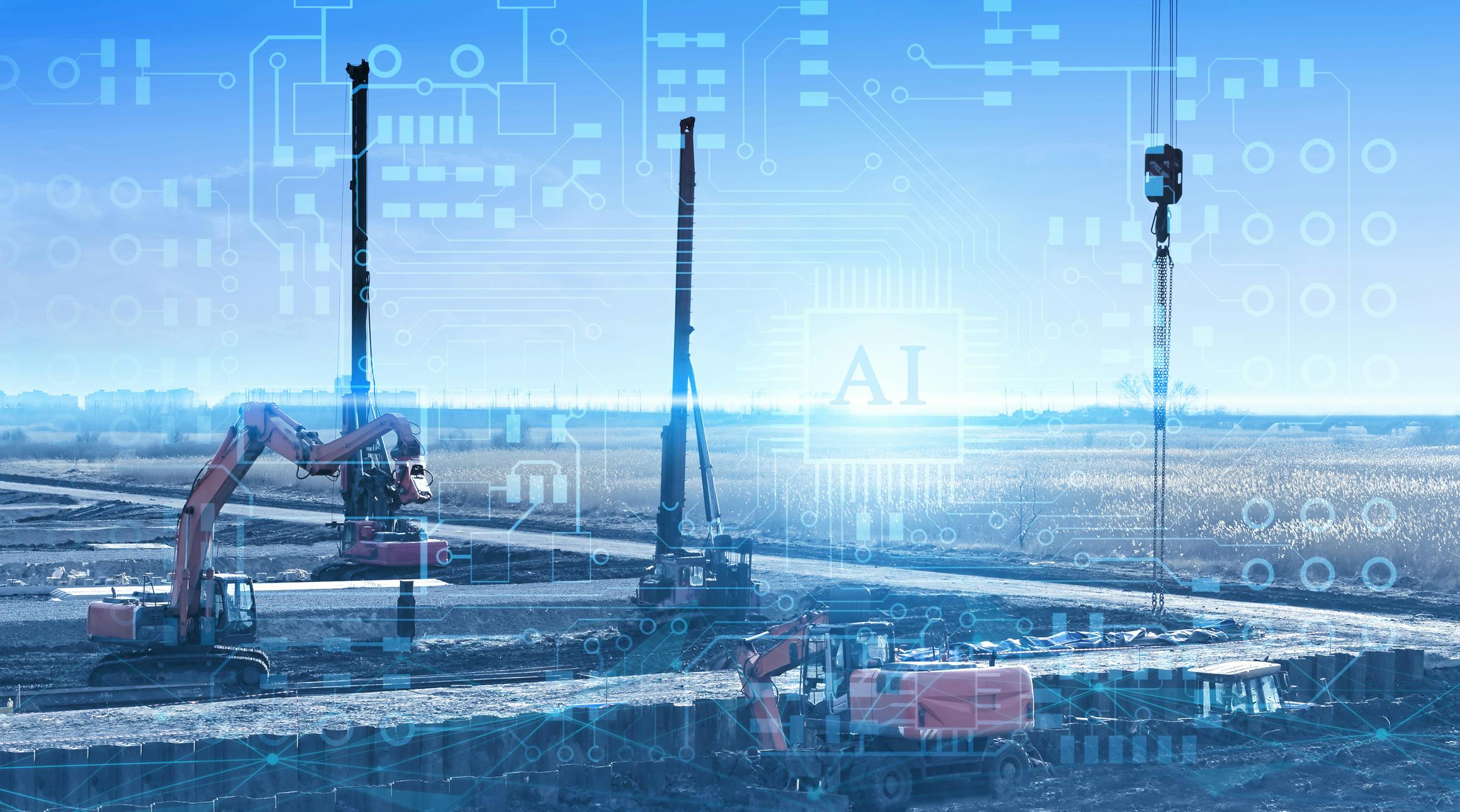 Construction equipment with AI and electronics graphics overlaid to demonstrate concept of automation and artificial intelligence