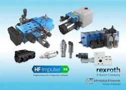 Several Bosch Rexroth and HydraForce hydraulic components on a blue background