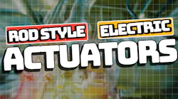 Text saying rod style electric actuators over a blurred image of some hoses