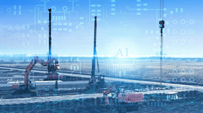 Construction equipment with AI and electronics graphics overlaid to demonstrate concept of automation and artificial intelligence