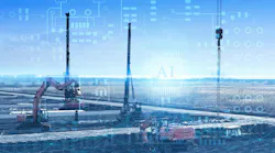 Construction equipment with AI and electronics graphics overlaid to demonstrate concept of automation and artificial intelligence
