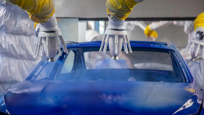 Robots painting a car blue