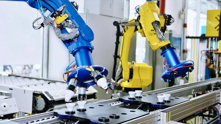 Blue and yellow robots working along a production line