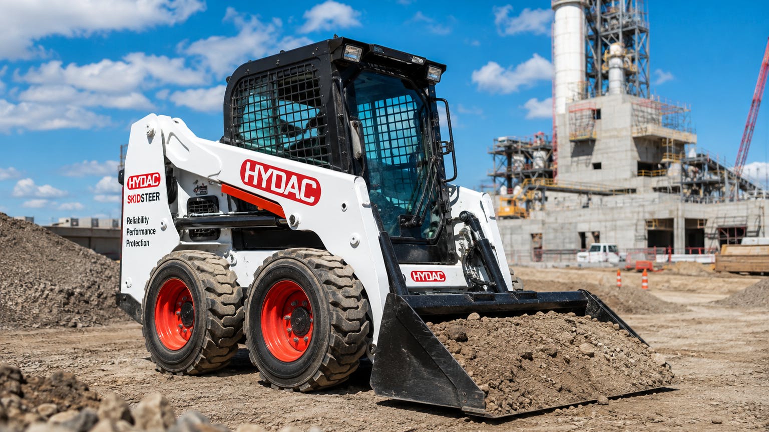 Skid steer with HYDAC logo working on a job site