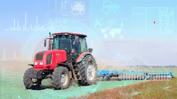 Red tractor in a field with graphics to depict concept of AI and other smart technology overlaid