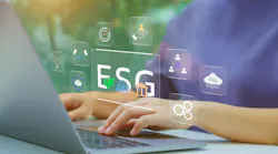 Woman typing on laptop with imagery overlaid to indicate concept of ESG