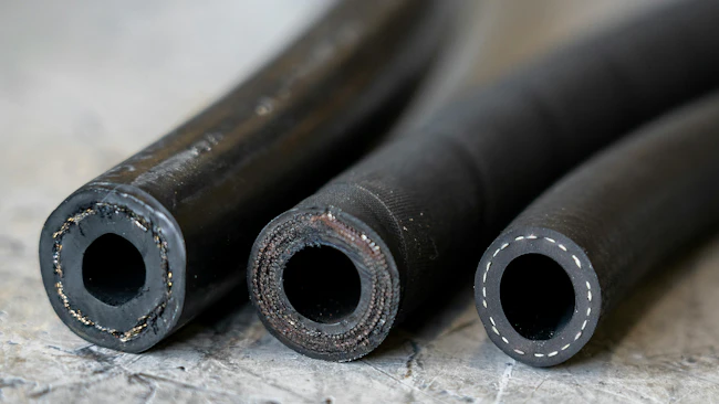 Hydraulic and Industrial hoses lined up in a row