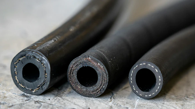 Hydraulic and Industrial hoses lined up in a row
