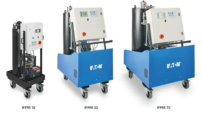 Three models of Eaton's fluid purification systems lined up in a row