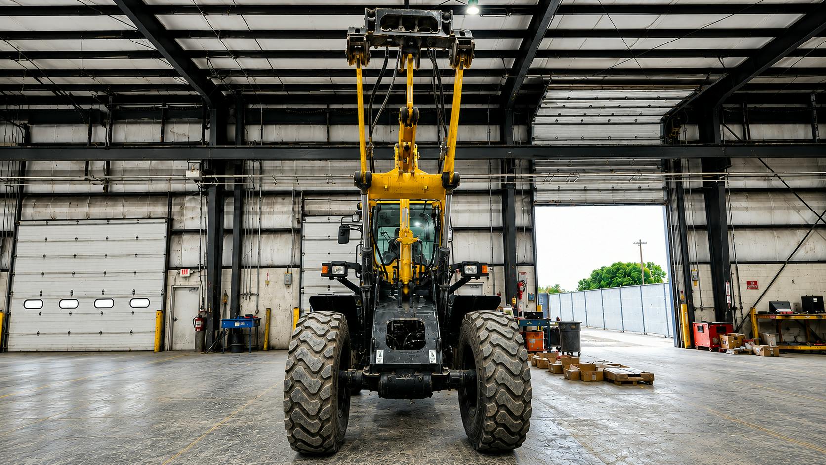 Underside view of wheel loader arm with HKX Auxiliary Hydraulics Kit installed on it