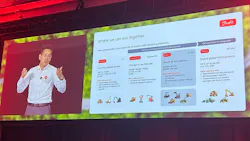 Roy Chen, President of Danfoss Editron, Presenting next to screen showing opportunities in electrification