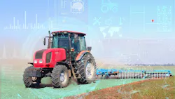 Tractor in a field pulling an implement with icons overlaid to demonstrate concept of smart tech