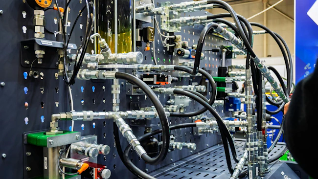 Test bench with hoses, valves and other components