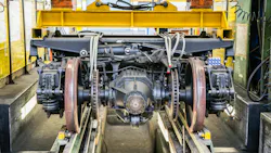 Part of a rail car on a test bench
