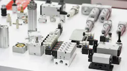 Display of various fluid power components including valves and cylinders